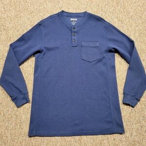 Duluth Shirt Mens Medium Blue Henley Waffle Knit Pullover Pocket Long Sleeve